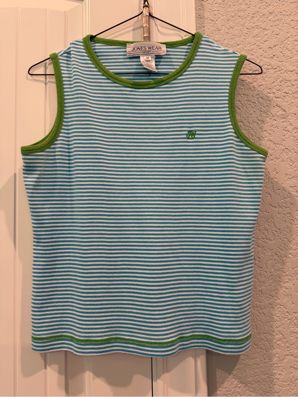 Jones Wear Women’s Blue & White Striped Tank Top with Green Trim